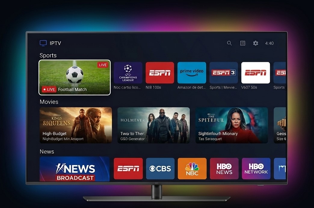 Layerseven IPTV running on a Smart TV with the live guide and on-demand library